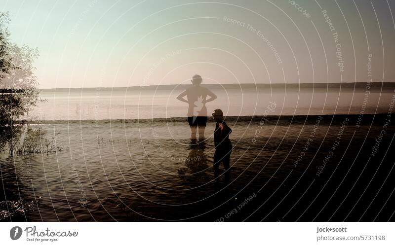 Live unusually - spin in the reservoir Woman Silhouette Depth of field Reservoir Lake Stand Cloudless sky Experiencing nature Summer Shadow Relaxation