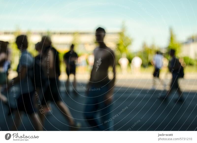 Techno in summer at 30° in the shade Fuckparade blurriness Silhouette Technoparade Demonstration Human being Lifestyle Feasts & Celebrations Back-light Contrast