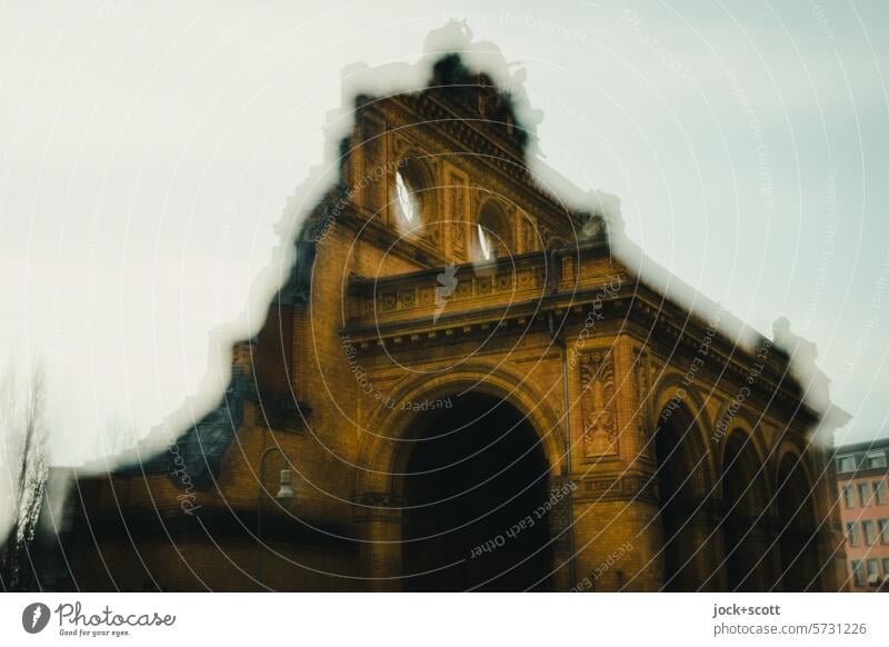 Anhalter Bahnhof portal ruins railway station Portico Historic Kreuzberg Berlin Nostalgia Tourist Attraction Double exposure Reaction blurriness Silhouette