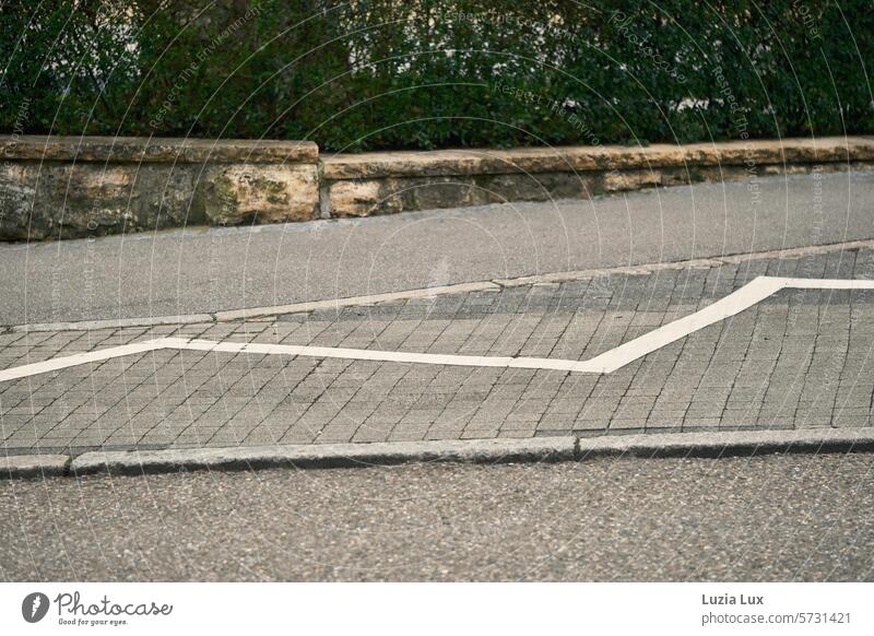 All kinds of lines on the roadside Traffic lane Lane markings marked Markings Marker line Stop (public transport) Sidewalk Wall (barrier) Hedge Green