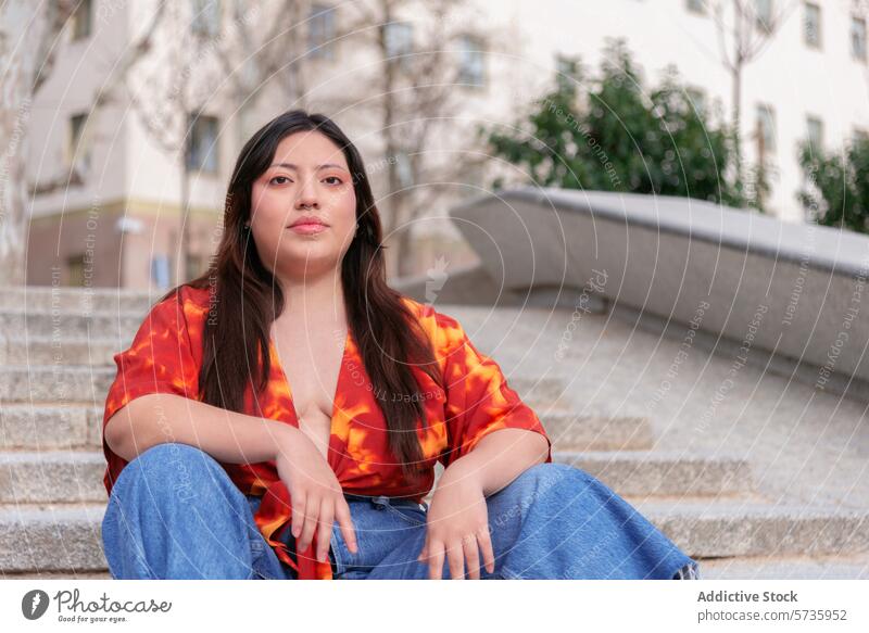 Young woman seated outdoors in urban setting city stairs looking away confidence casual fashion young adult female style relaxed streetwear jeans blouse pattern