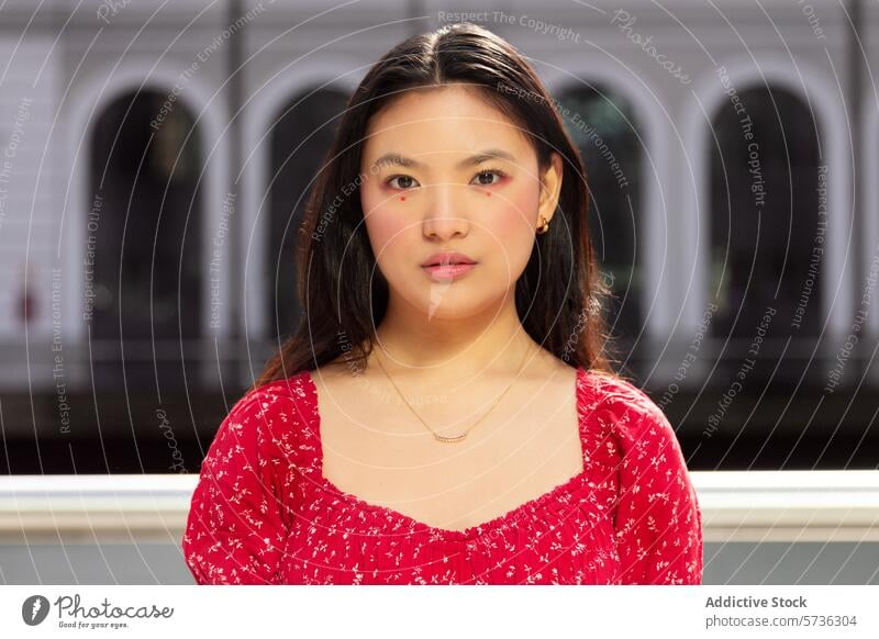 Confident young woman in a red floral top posing asian confident pose blouse natural makeup adult fashion style casual elegance composure soft focus