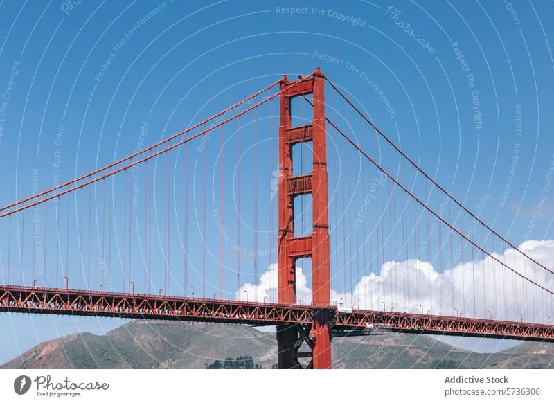 The iconic Golden Gate Bridge stands tall under the bright blue spring sky, complemented by fluffy white clouds and rolling hills San Francisco red