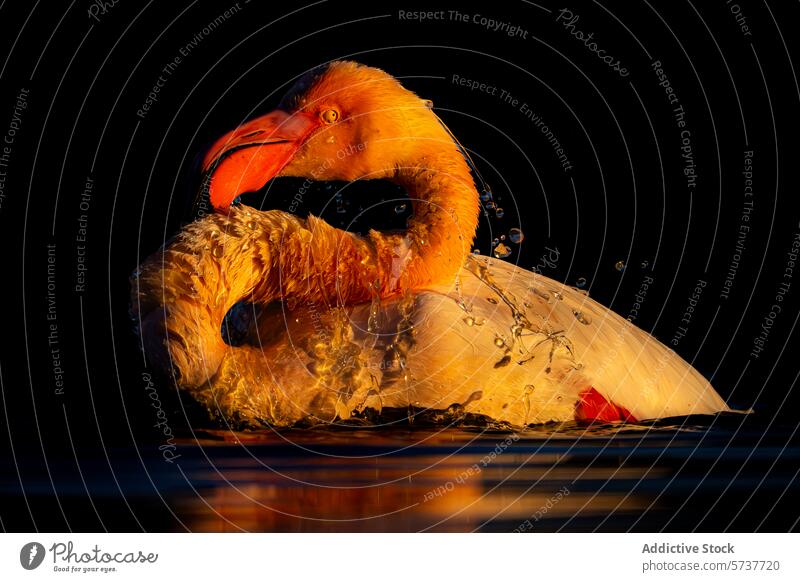 Common flamingo in dramatic sunset light common flamingo bird waterfowl golden contrast nature wildlife orange red splash reflection dark vibrant feathers beak