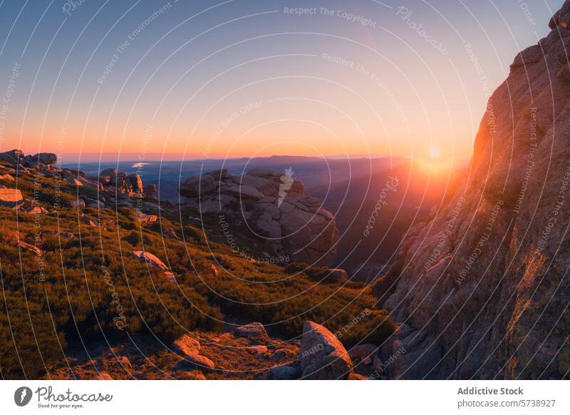 Sunset at Siete Picos in Sierra de Guadarrama sunset mountains siete picos sierra de guadarrama madrid segovia spain landscape rugged granite rocks shrubs