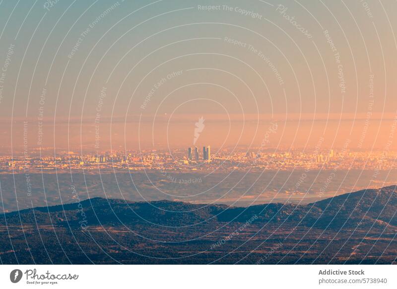 Sunset view of Madrid from Siete Picos, Sierra de Guadarrama sunset madrid siete picos sierra de guadarrama warm glow elevated vantage point serene landscape