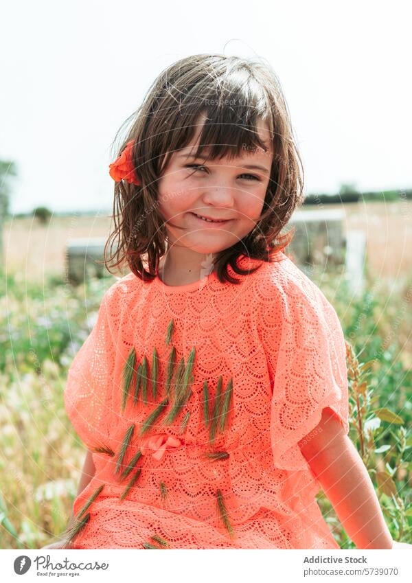 A girl in a coral dress makes a playful pout while holding pine branches, embodying the cheerful spirit of summer on the farm portrait child nature outdoors