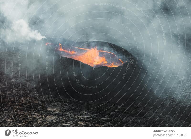 Molten lava in a volcanic crater in Iceland iceland volcano molten smoky rugged landscape eruption geology nature fire hot smoke geothermal magma earth heat