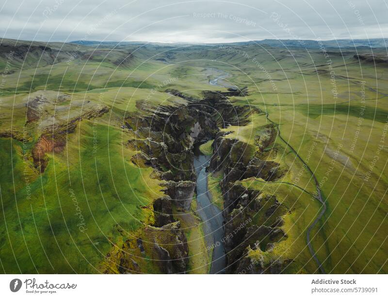 Aerial panoramic of Fjadrargljufur canyon in Iceland iceland fjadrargljufur aerial view river landscape green cliffs rugged serene meandering lush nature