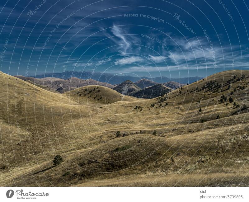 Panoramic view in Abruzzo Abruzzi Italy Landscape Colour Photography Day Europe travel Hill panorama Rocca Calascio Campo Imperatore Autumn wide