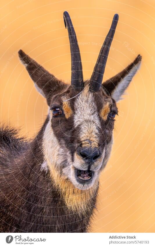 Detailed close-up of a Chamois, featuring its alert gaze and the unique markings of its fur against a warm, soft background chamois rebeco wildlife animal