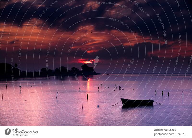 A moody sunrise with rich magenta and indigo shades reflecting over the Delta del Ebro, featuring a solitary anchored boat reflection water morning clouds sky