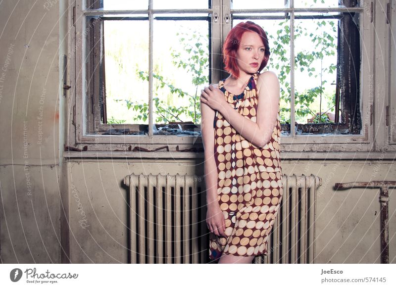 Young woman in retro dress stands pensively at the window Flat (apartment) Room Academic studies Woman Adults Life 1 Human being 18 - 30 years