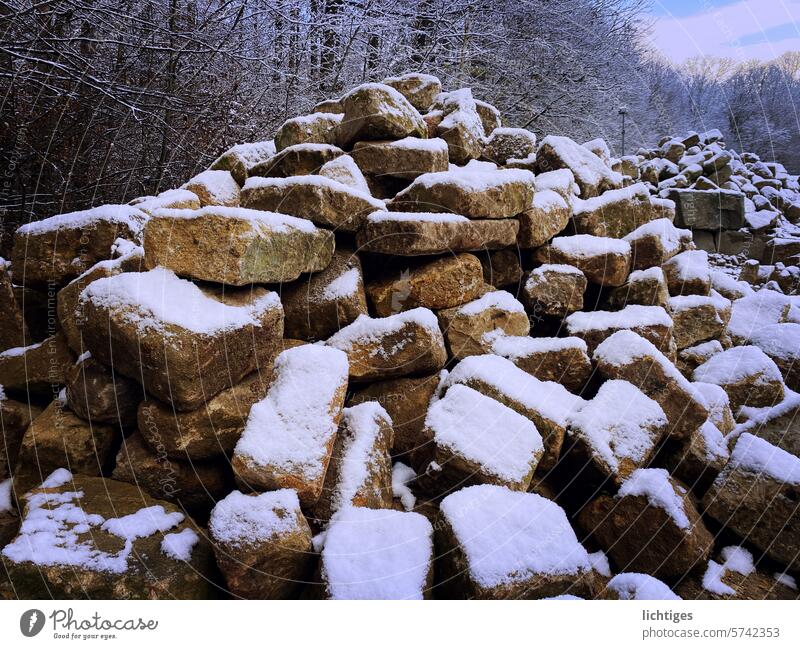 Ice blocks - snow-covered chunks of stone in an old quarry Quarry Snow chill stone mountain Forest