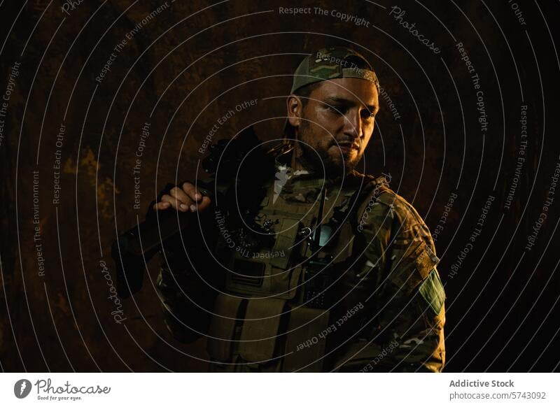 A Latin American soldier with a confident gaze stands with his rifle, outfitted in tactical combat gear military uniform camouflage vest stance service armed