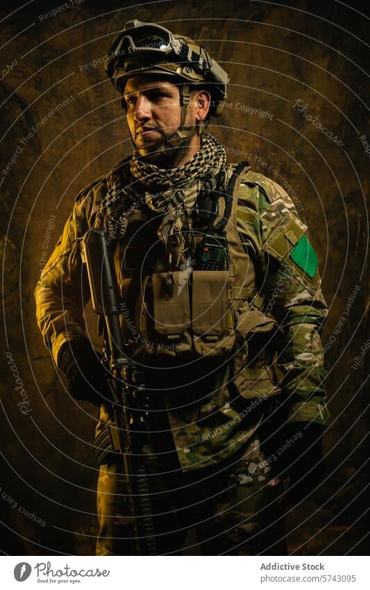 A focused Latin American soldier clad in tactical gear stands ready, exuding confidence and preparedness in a rugged backdrop military helmet uniform camouflage