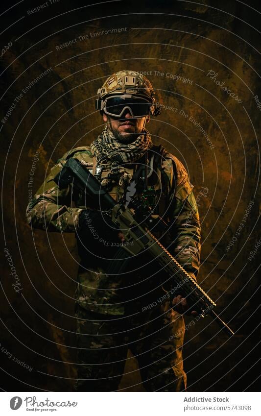 A highly equipped Latin American soldier stands alert, his rifle at the ready, amidst a dramatic backdrop military combat gear vigilant helmet goggles