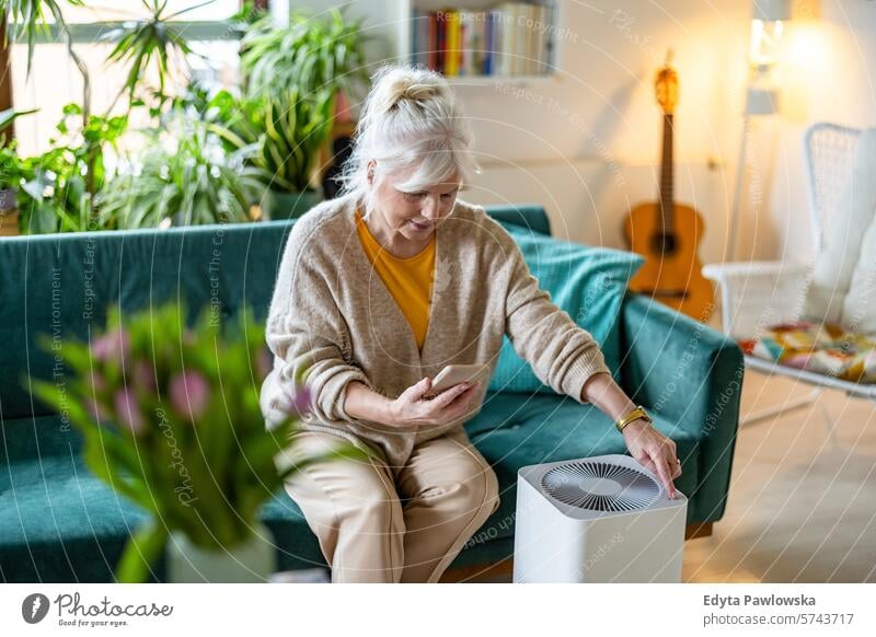 Senior woman using smartphone to set up a home air purifier air pollution technology modern using phone sofa living room domestic life domestic room sitting