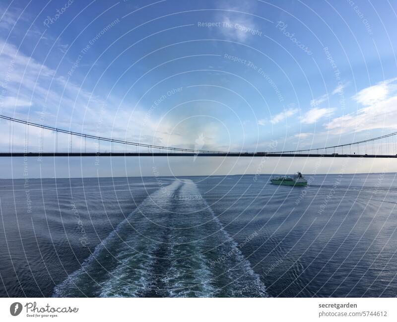 So close to heaven Bridge Ocean Navigable water ship wide Far-off places Wanderlust Sky Horizon Blue Easy hovering Vacation & Travel Water Freedom Waves