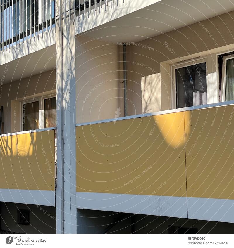 Spring sun on yellow balcony paints tree shadows spring sun Balcony Yellow Shade of a tree sunspots White Wall (building) Shadow trees house wall Trees Sun