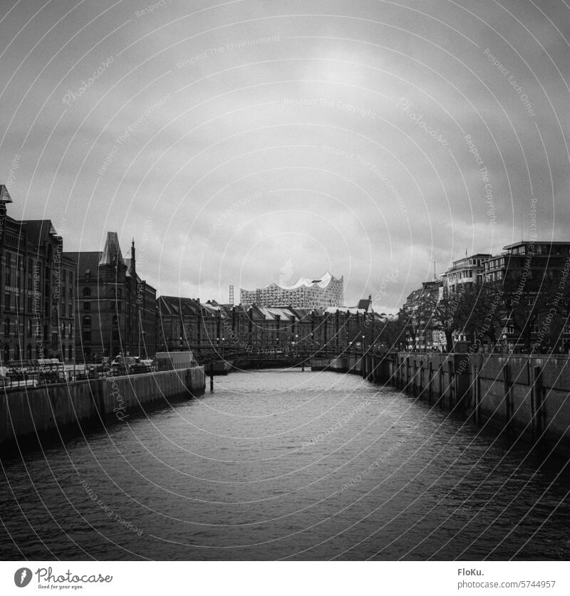 Speicherstadt and Elbphilharmonie on black and white film Hamburg storehouse city Analog black-and-white Old warehouse district Architecture Bridge