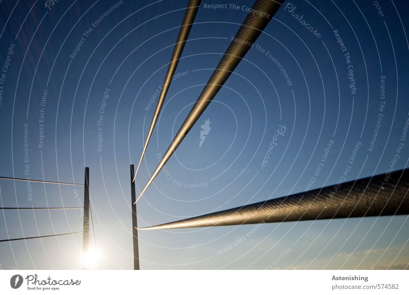 cord Cable Nature Sky Cloudless sky Sun Sunlight Weather Beautiful weather Bridge Metal Steel Thin Tall Long Blue Black Line Perspective Technology Colour photo