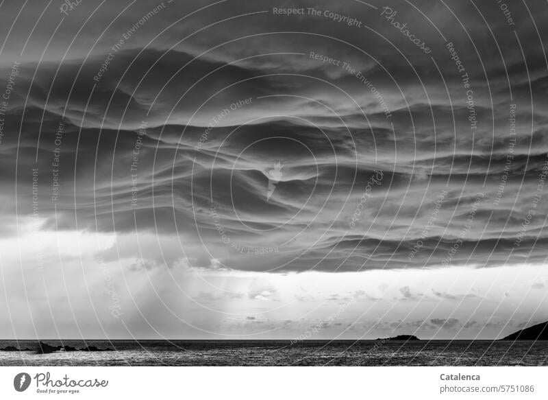 Rain on the horizon Nature Elements Weather Thunder and lightning Clouds Storm clouds Climate Threat Dark Ocean Horizon rains Climate change Sky Environment