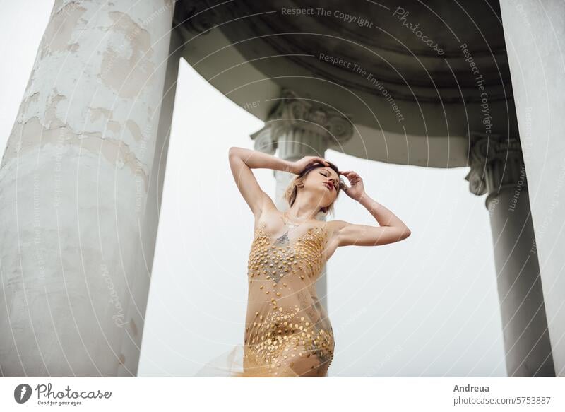 model girl in dress gold angel Breasts Golden Nude abandoned architecture broken column columns costume emotions fashion forest freedom hair makeup nature