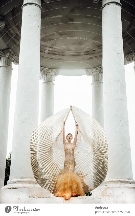 model girl in dress gold angel Breasts Golden Nude abandoned architecture broken column columns costume emotions fashion forest freedom hair makeup nature