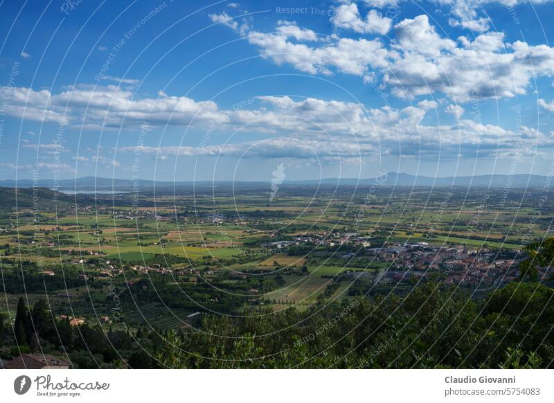 Panoramic view from Cortona, Italy, at summer Arezzo Europe July Tuscany color country day green hill landscape nature photography rural travel