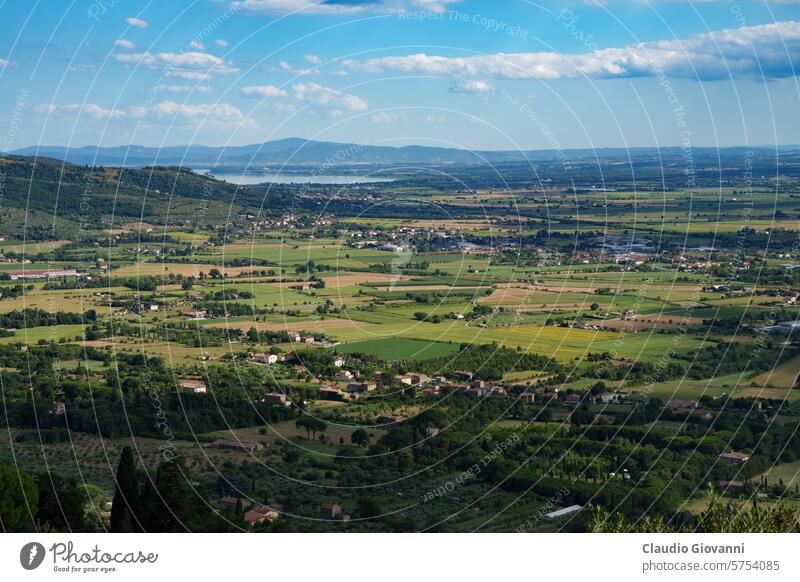 Panoramic view from Cortona, Italy, at summer Arezzo Europe July Trasimeno Tuscany color country day green hill lake landscape nature photography rural travel