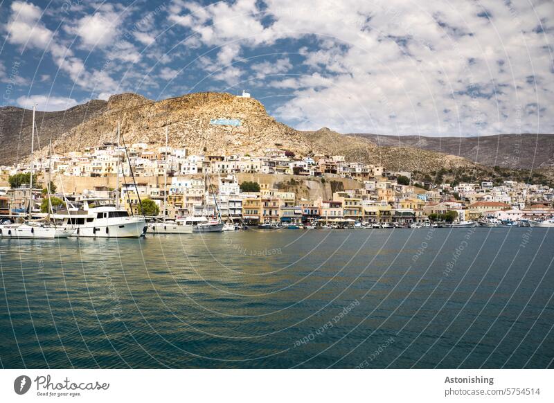 Kalimnos, Greece vacation Town bank boat boats Ocean Water Hill Bleak Dry voyage Yellow houses Window Waves Sky Clouds Nature Tourism Landscape Summer coast