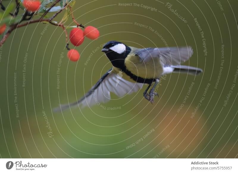 Great tit flying towards berries in natural setting great tit bird parus major flight mid-flight wings spread red approach green blurred background nature