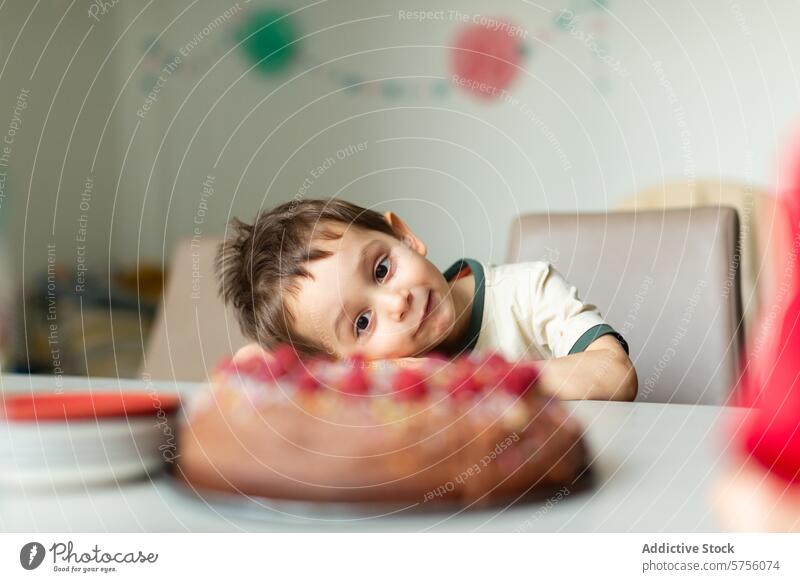 Young boy gazing lovingly at a birthday cake child celebration anticipation cute chocolate strawberry dessert party decoration young happy cheerful gaze indoor