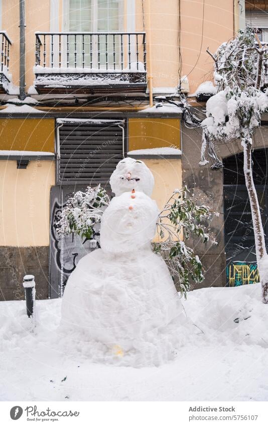 Snow-covered Madrid with a charming snowman madrid winter cheerful festive building cold urban snowfall city white frosty street season outdoor architecture