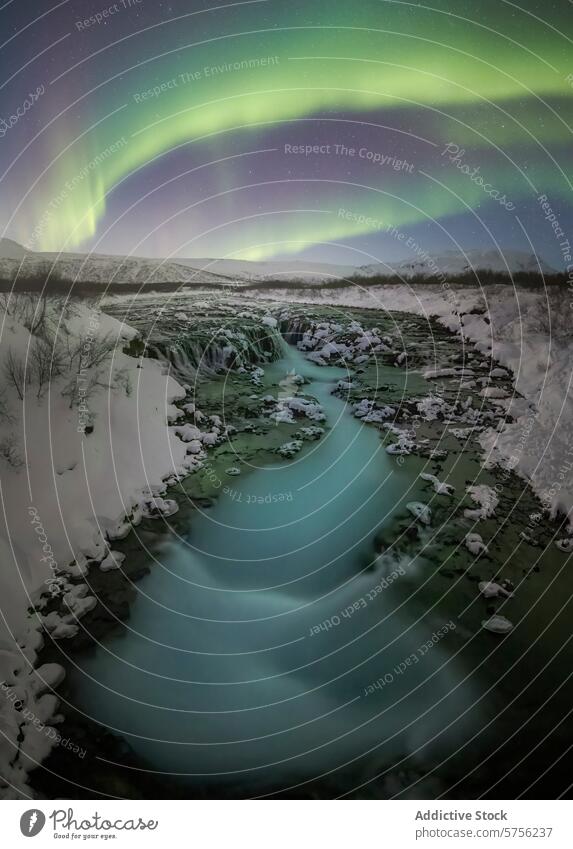 Northern Lights Dancing Over Snowy Icelandic River northern lights aurora borealis iceland snowy river landscape night sky illumination serene wild nature