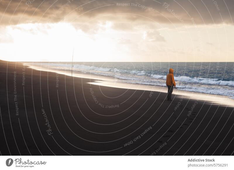 Lonely traveler on a serene Indonesian beach at sunset indonesia ocean solitude sand waves moody sky empty figure standing coastal scenic nature tourism outdoor