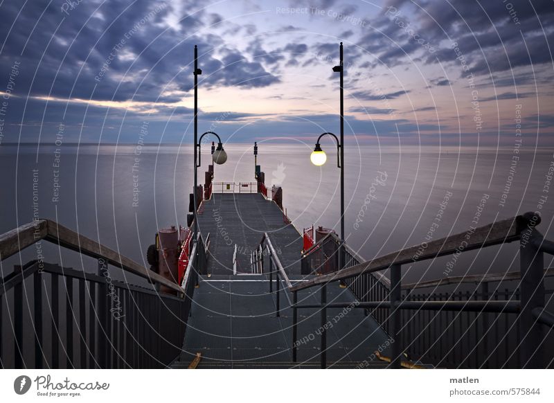 off/on Landscape Sky Clouds Horizon Sunrise Sunset Autumn Beautiful weather Coast Ocean Deserted Bridge Blue Gray Pink Jetty Street lighting Calm ON/OFF Stairs