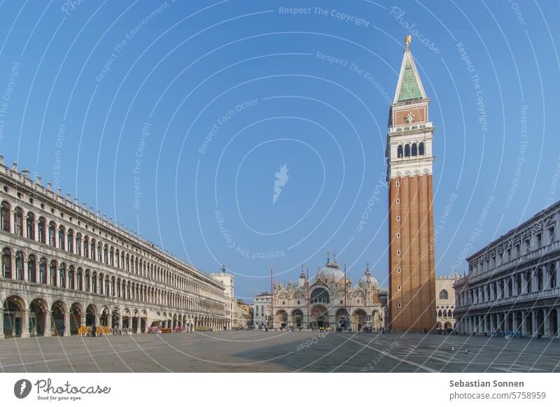 Almost empty San Marco square with Basilica and Tower on a sunny winter day, Venice, Veneto, Italy venice cathedral italy tower famous landmark cityscape europe