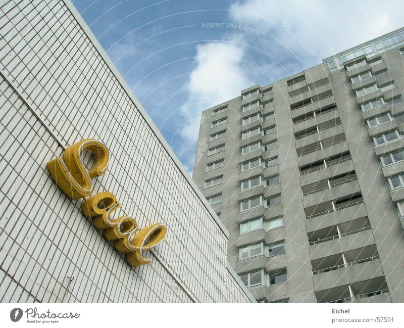 The hall used to be Hall Dance hall Tavern Building Closed Empty Neon sign Bremerhaven High-rise Clouds Sky