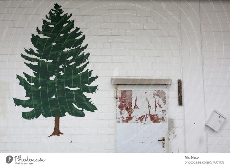 mural painting beautification Wall (building) Facade Green Graffiti Street art Art door Mailbox Fir tree Christmas tree Wall (barrier) fir tree Tree Painted