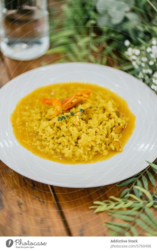 A vibrant plate of shrimp risotto, rich in color and flavor, sits invitingly on a rustic wooden table with a natural, floral backdrop savory colorful meal