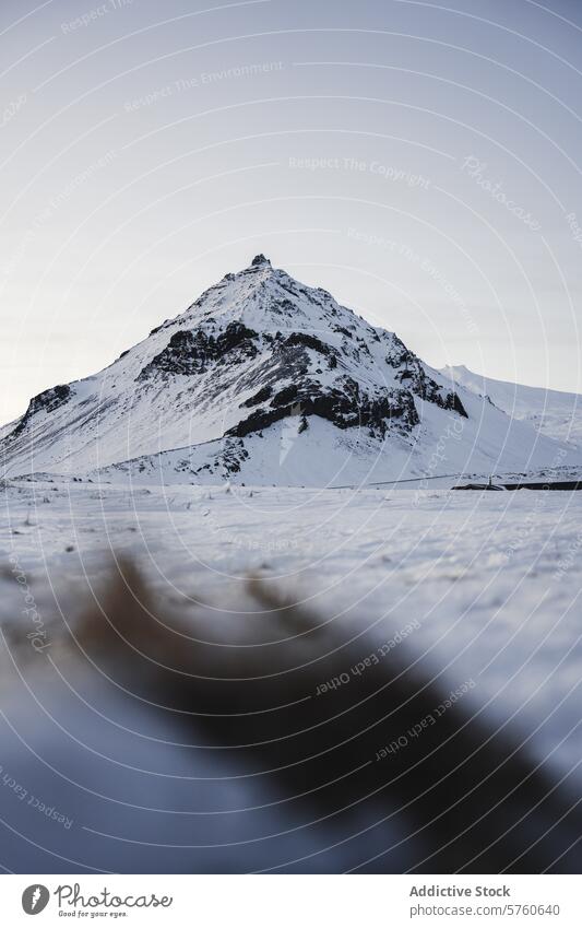 A solitary mountain rises sharply against the soft winter sky, its slopes dusted with fresh snow, embodying the silent beauty of Iceland Icelandic peak tranquil