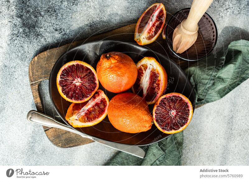 Fresh Blood Oranges Ready for Juicing blood orange citrus fruit halves halved red vibrant juicy fresh dark plate juicer squeeze kitchen cooking ingredient