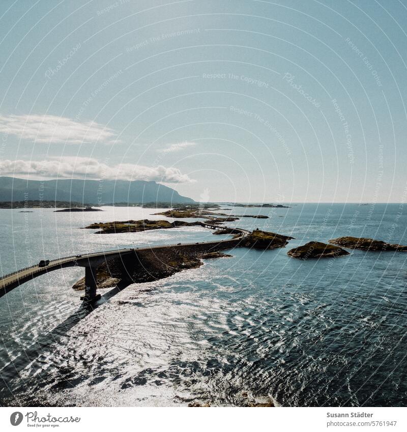 Atlantic road Bridge Fjord Norway Atlantic Ocean travel Scandinavia route Islands UAV view droning Drone Photography drone picture Drone pictures