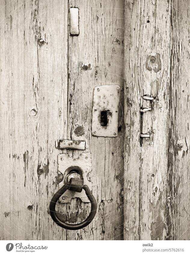 Weiland door Wood Simple Old White Dye Detail door handle Metal Patina detailed view Deserted Calm Patient Colour photo Decline Portal Tracks Historic Flake off