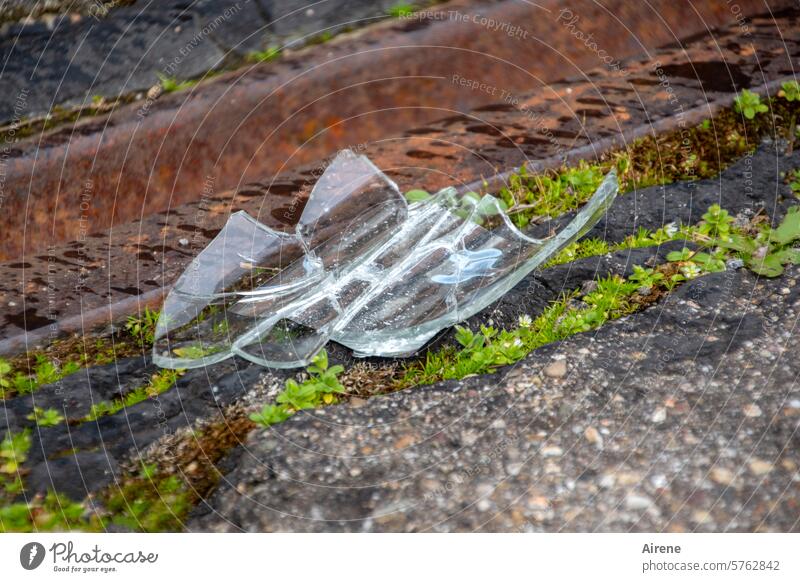 karlsruhelos ... with objects on the rails Shard Destruction Vandalism shattered peril Aggression Broken glass Damage Street shards Splinter Force Glass waste