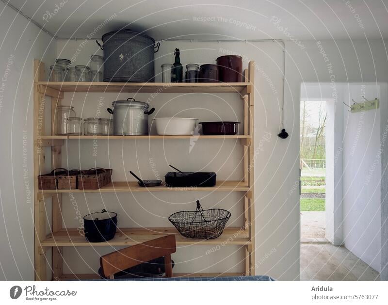 Shelf in a garden shed Shelves Gardenhouse Harvest boil down check in Pot Basket preserving jars bowl Pan door garden door Deserted Supply Pantry