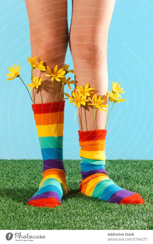 Colorful socks and spring flowers on a playful background cropped unrecognizable person standing grass colorful striped yellow elastic colours vibrant cheerful