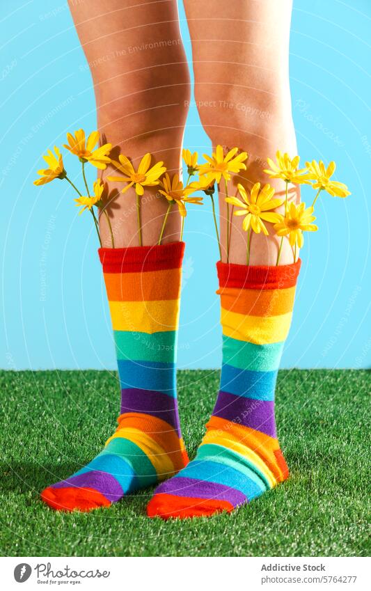 Vibrant spring colors with rainbow socks and daisies cropped unrecognizable subject colorful grass vibrant cheerful vibe stripes standing yellow flowers tucked